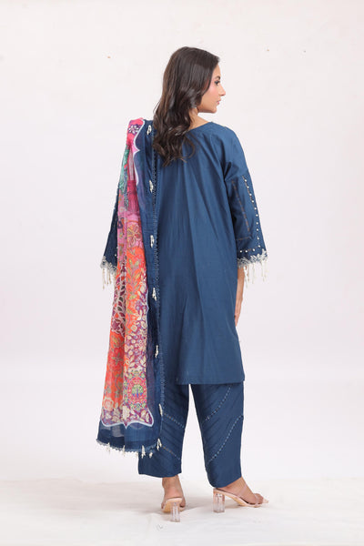 Embroidered Slub Lawn Navy Stitched Suit - Sana Safinaz