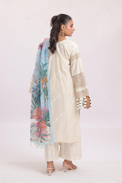 Embroidered Slub Lawn Cream Stitched Suit - Sana Safinaz