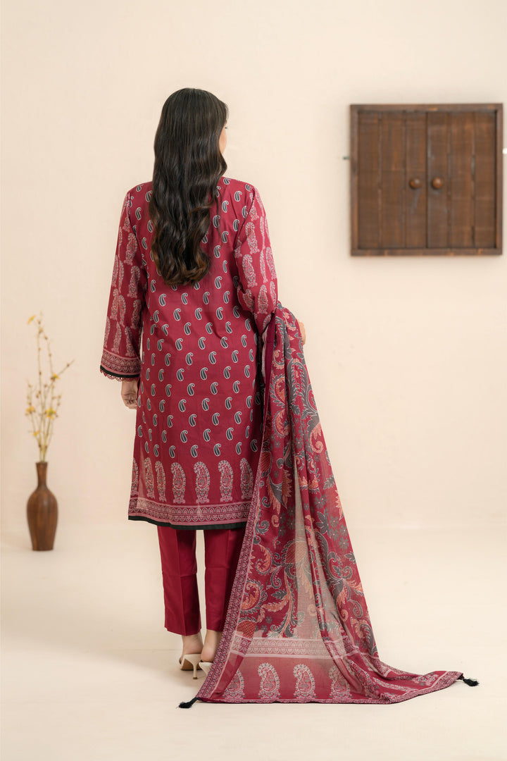 Printed Light Khaddar Deep Maroon Stitched Suit - Khaadi