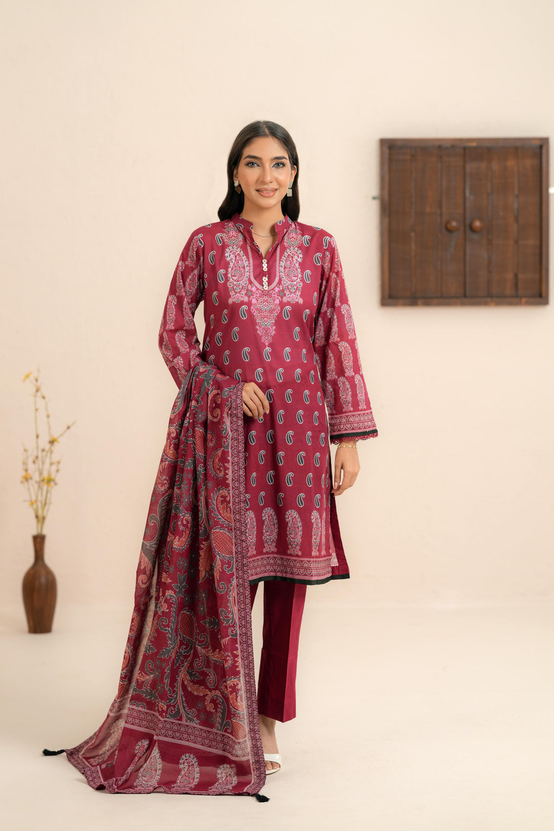 Printed Light Khaddar Deep Maroon Stitched Suit - Khaadi