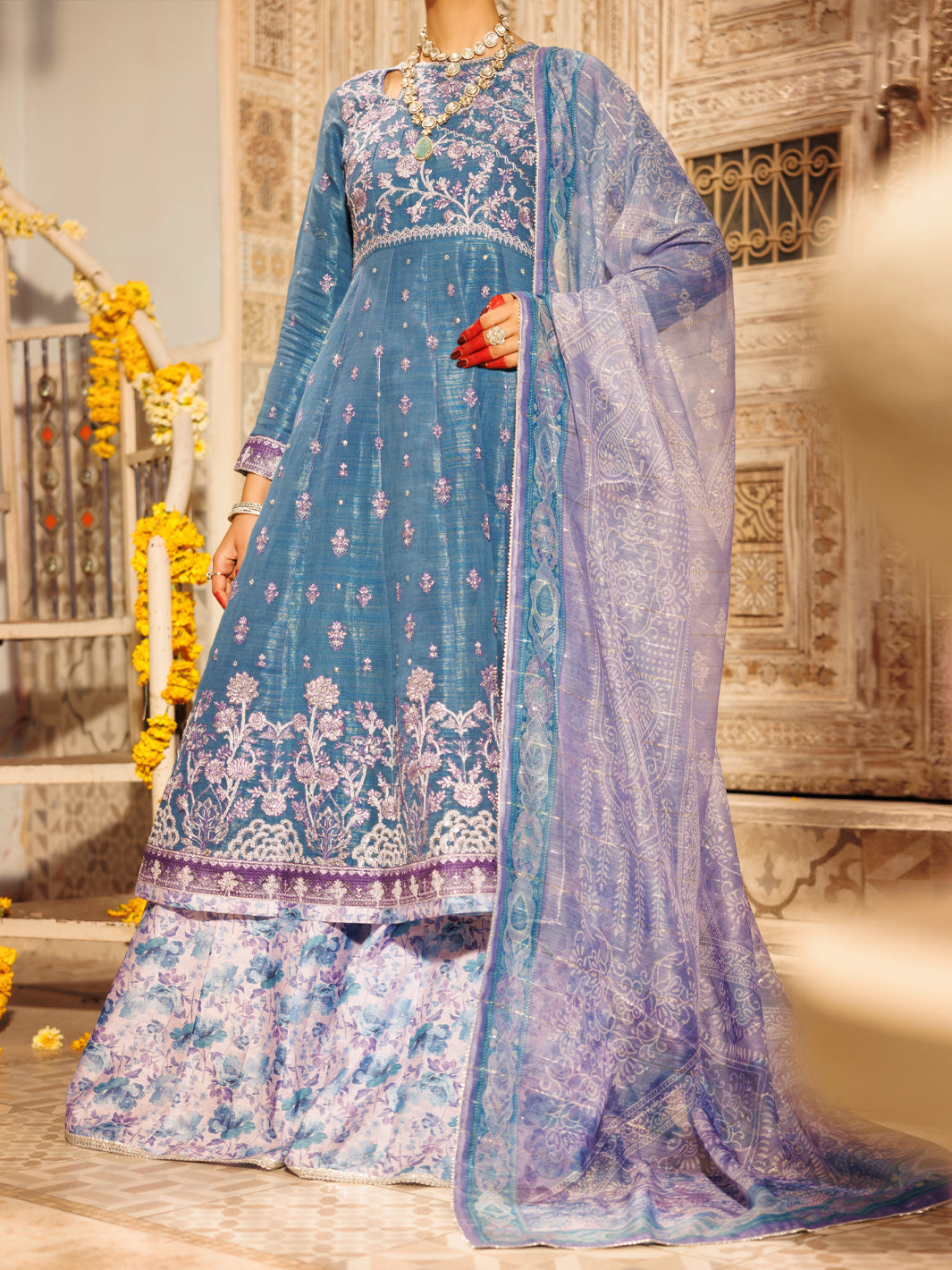 Mesuri Net Ice Blue Stitched Suit - Almirah