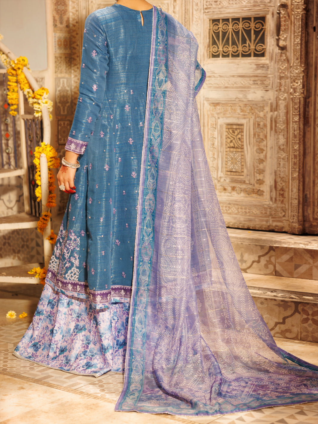 Mesuri Net Ice Blue Stitched Suit - Almirah
