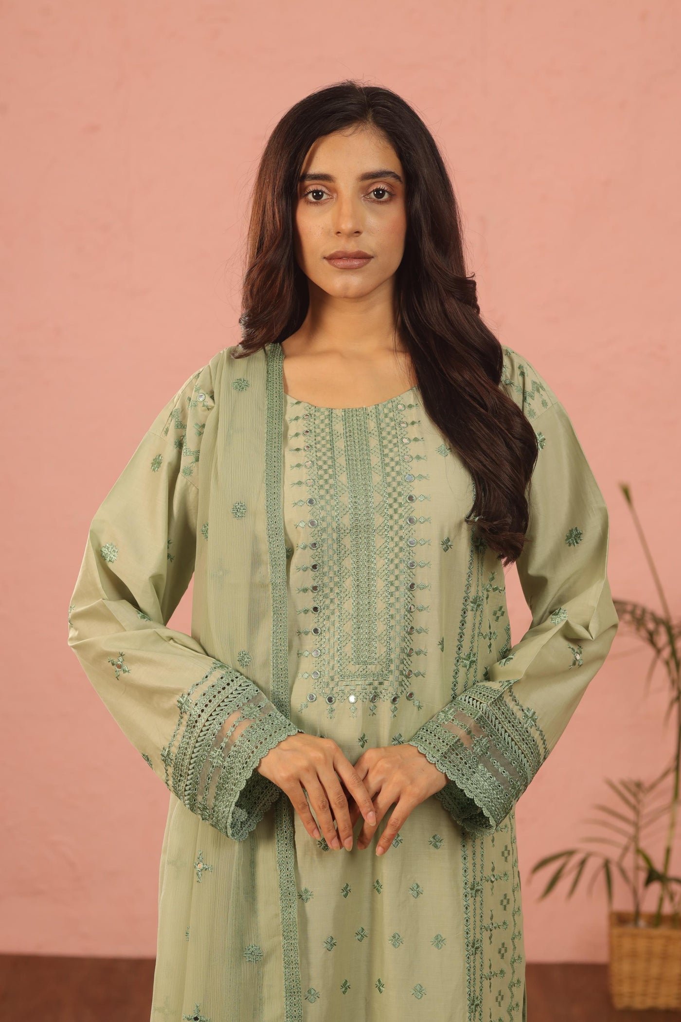 Embroidered Lawn Green 3 Piece Suit - Al Karam