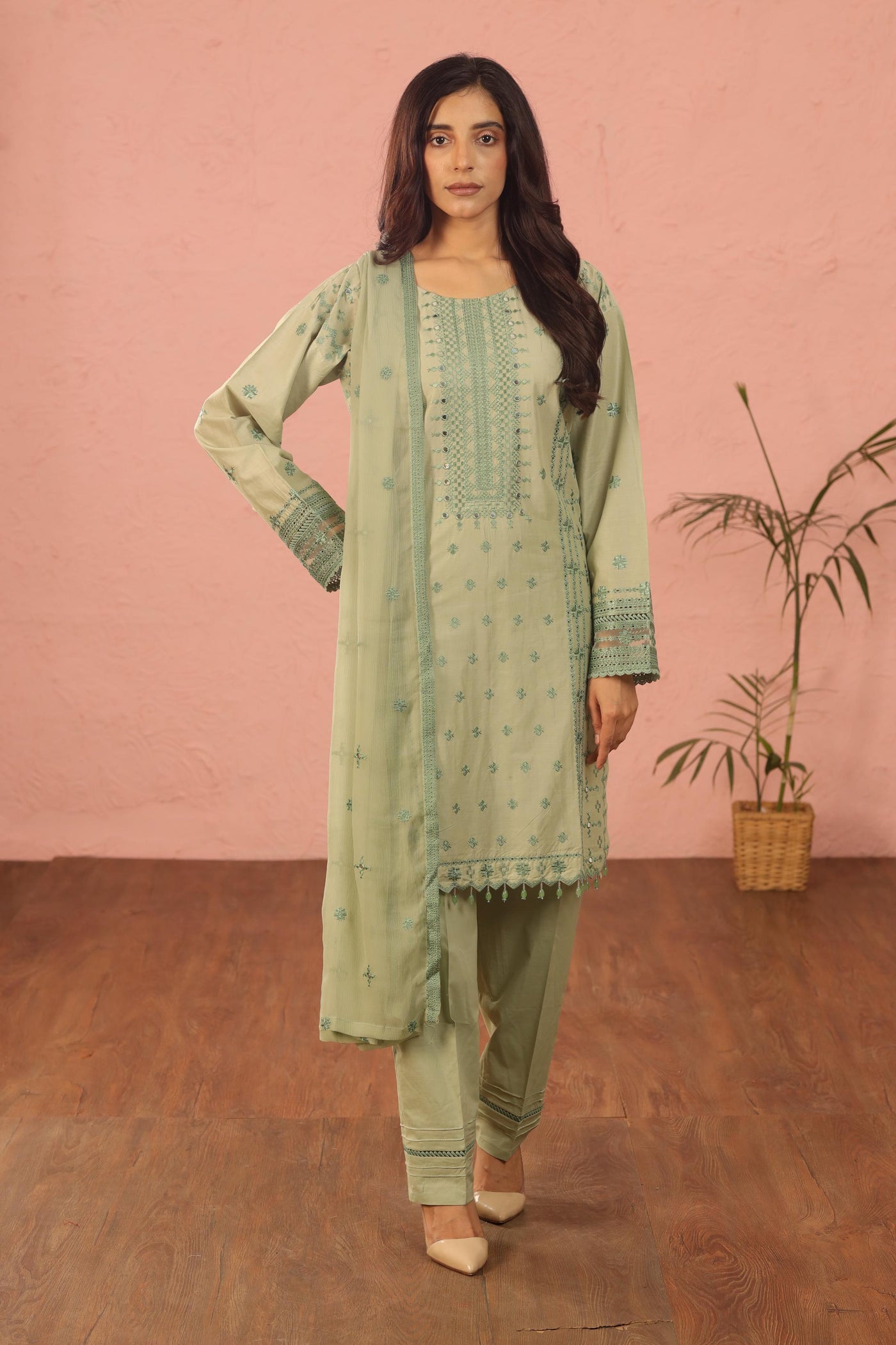 Embroidered Lawn Green 3 Piece Suit - Al Karam