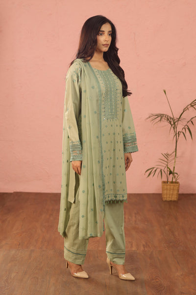 Embroidered Lawn Green 3 Piece Suit - Al Karam