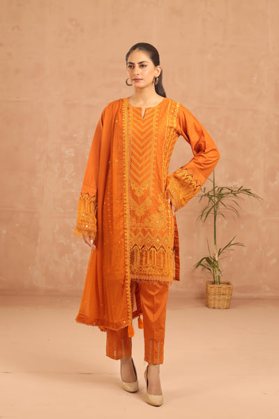 Embroidered Lawn Orange 3 Piece Suit - Al Karam