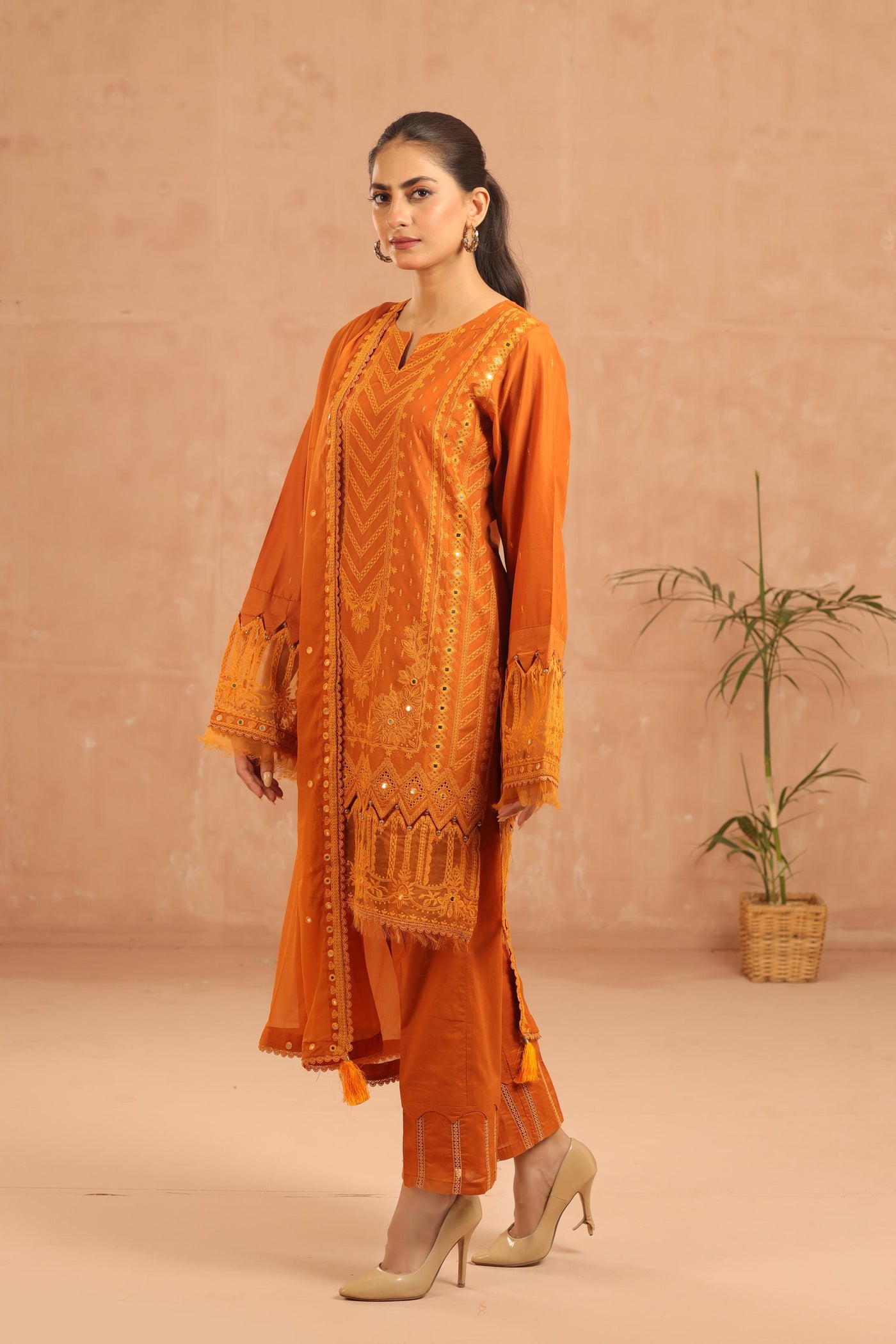 Embroidered Lawn Orange 3 Piece Suit - Al Karam