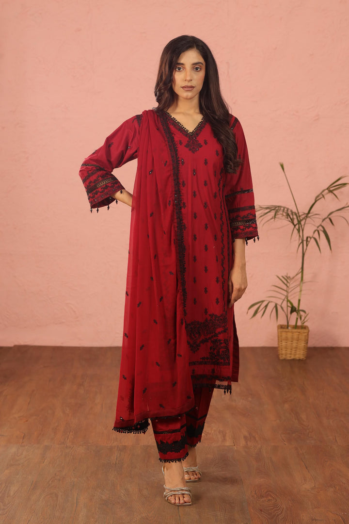 Embroidered Lawn Maroon 3 Piece Suit - Al Karam