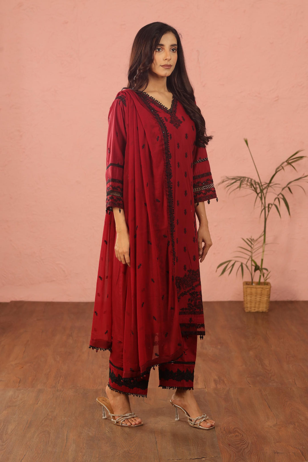 Embroidered Lawn Maroon 3 Piece Suit - Al Karam