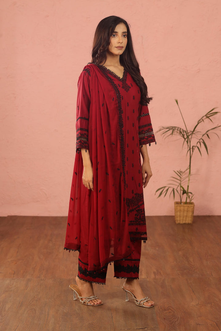 Embroidered Lawn Maroon 3 Piece Suit - Al Karam