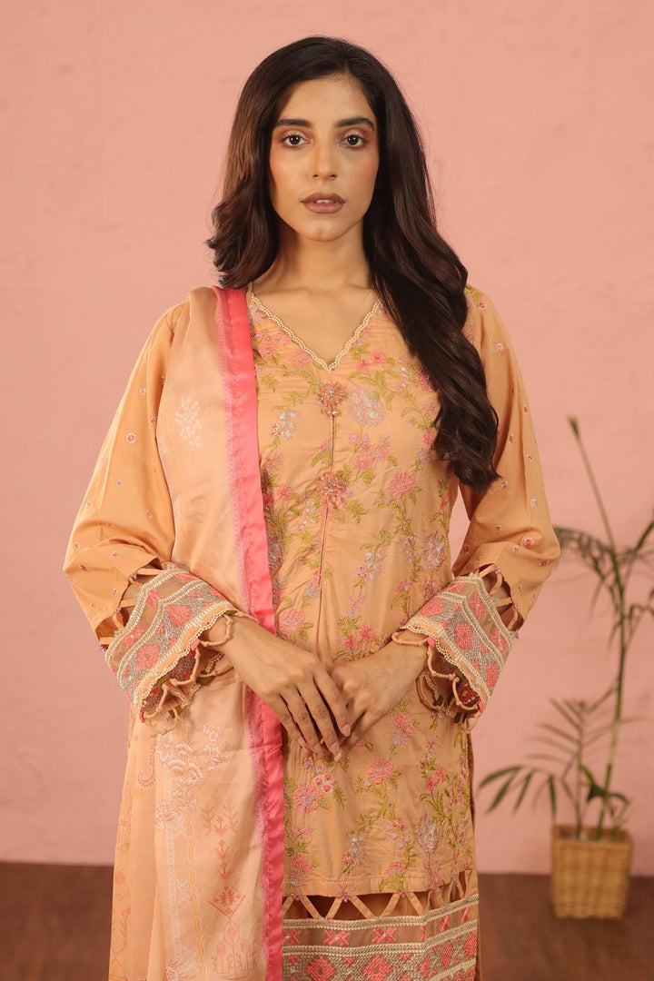 Embroidered Lawn Peach 3 Piece Suit - Al Karam