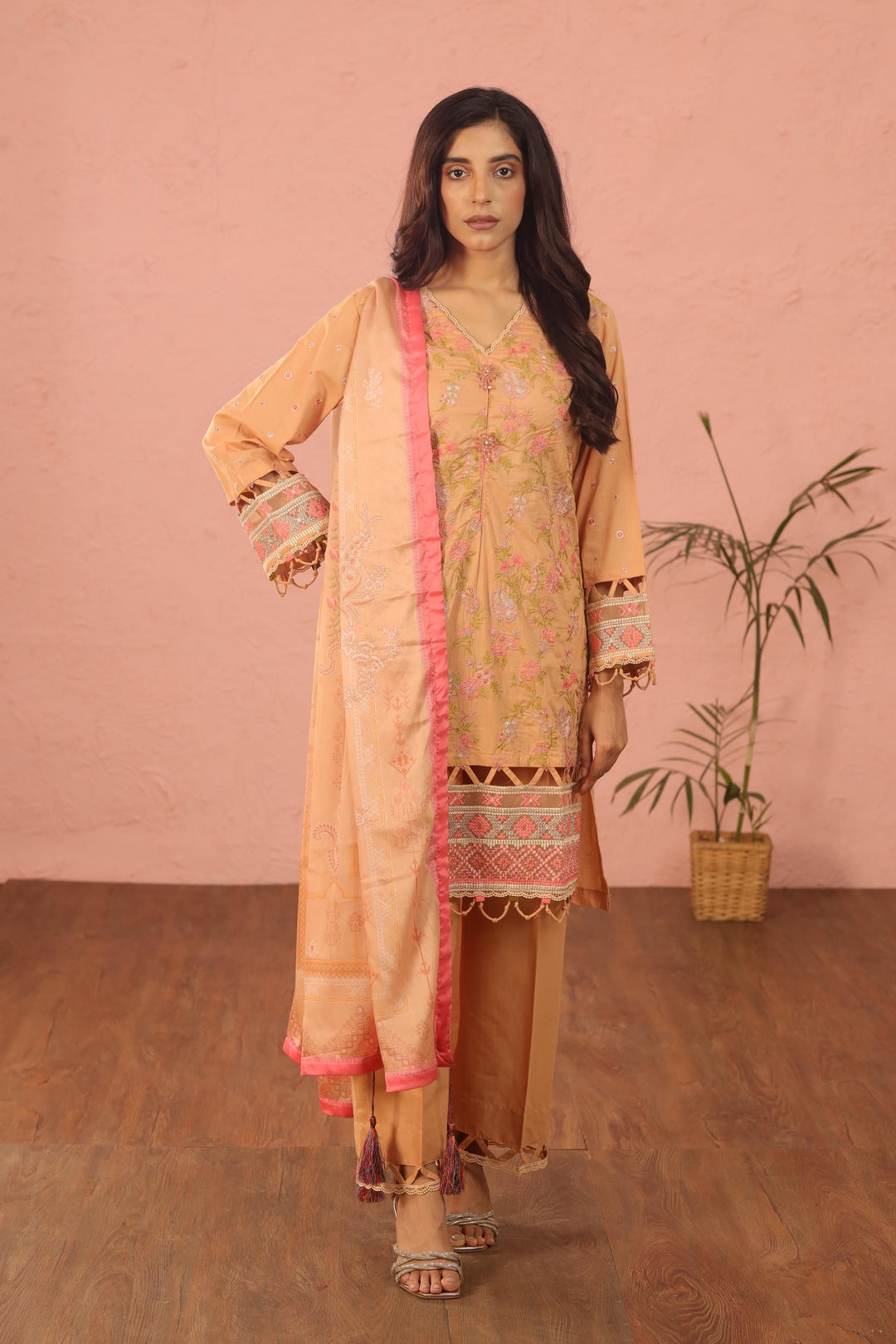 Embroidered Lawn Peach 3 Piece Suit - Al Karam