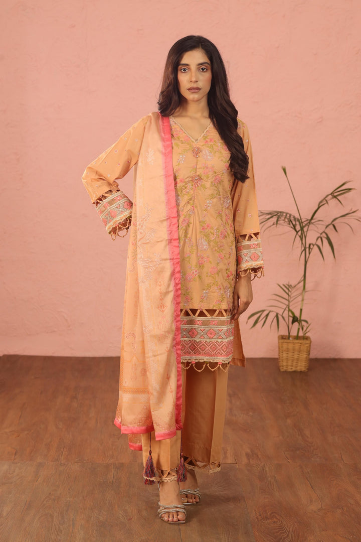 Embroidered Lawn Peach 3 Piece Suit - Al Karam