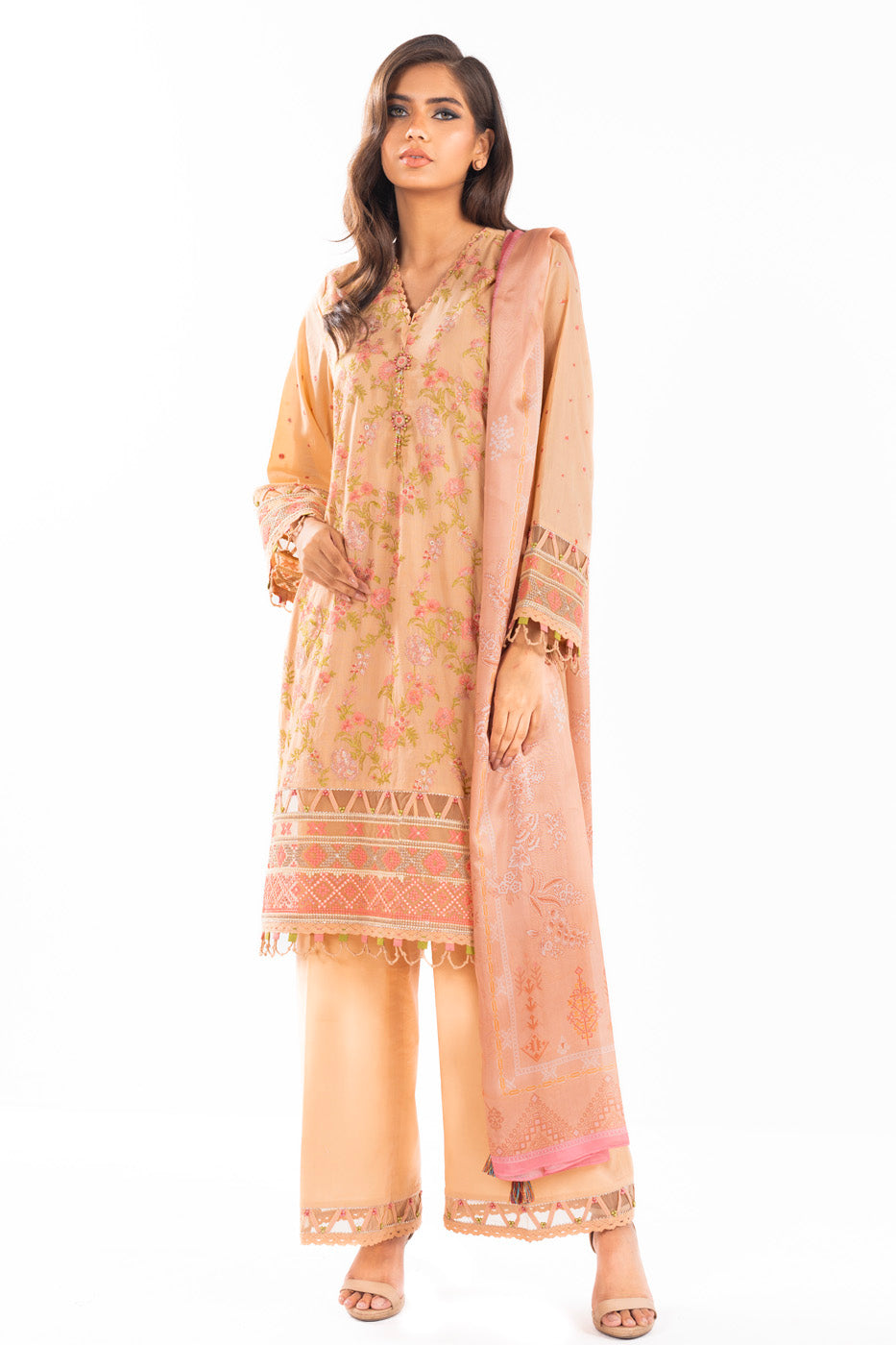 Embroidered Lawn Peach Unstitched Suit - Alkaram
