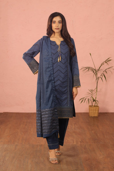 Embroidered Lawn Navy Blue 3 Piece Suit - Al Karam