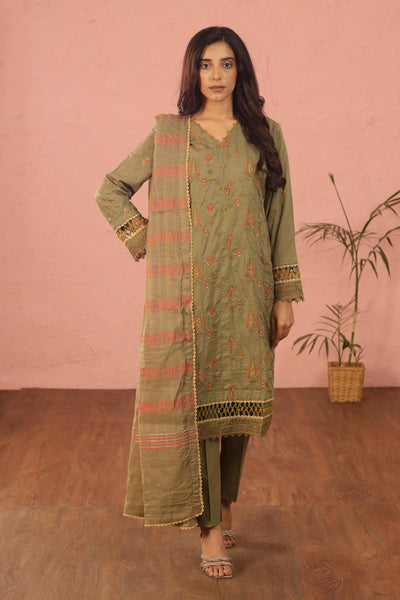 Embroidered Lawn Green 3 Piece Suit - Al Karam