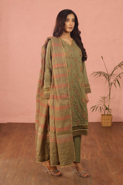 Embroidered Lawn Green 3 Piece Suit - Al Karam