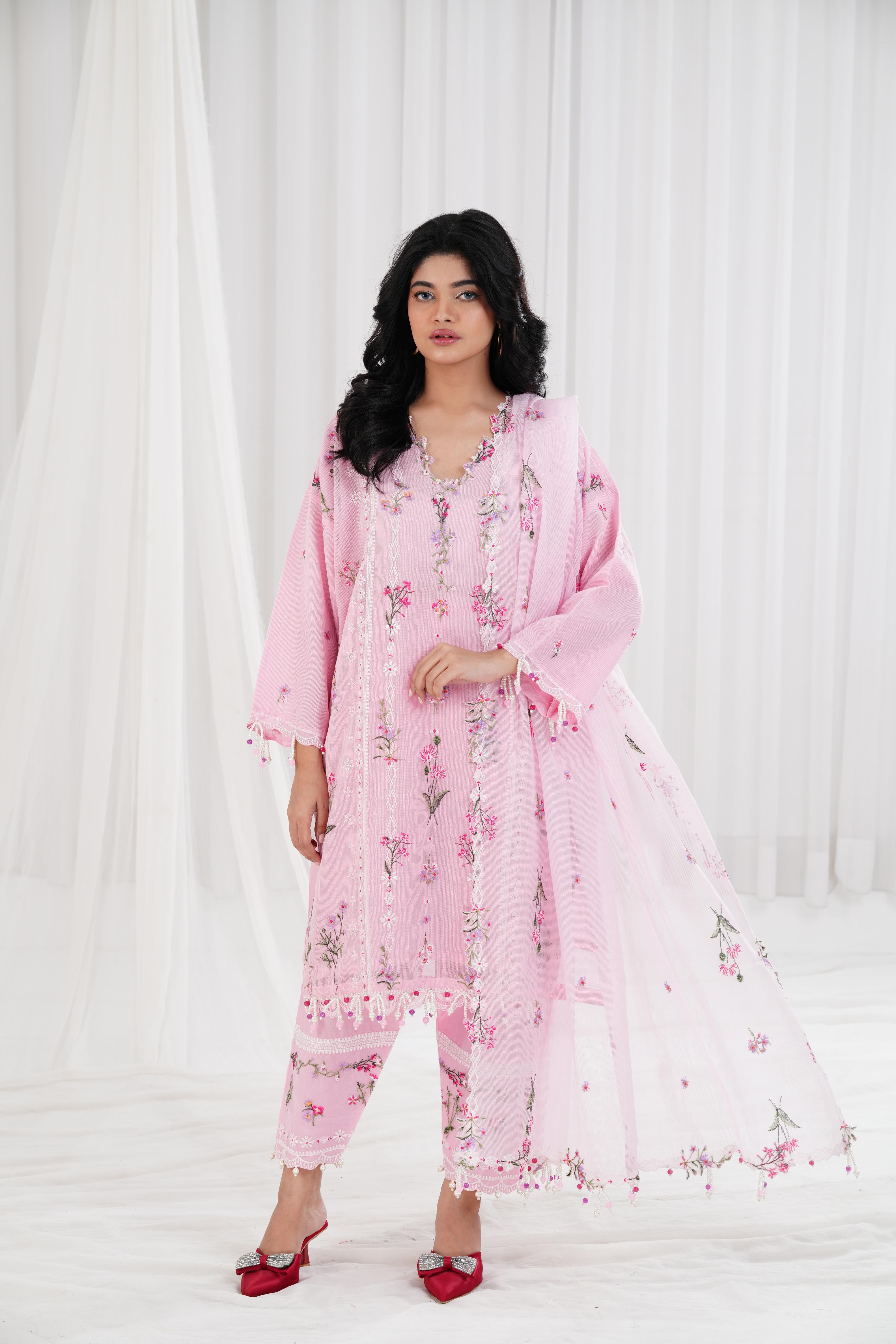 Woven Net Pink Stitched Suit - Sana Safinaz Muzlin 25' – Janan