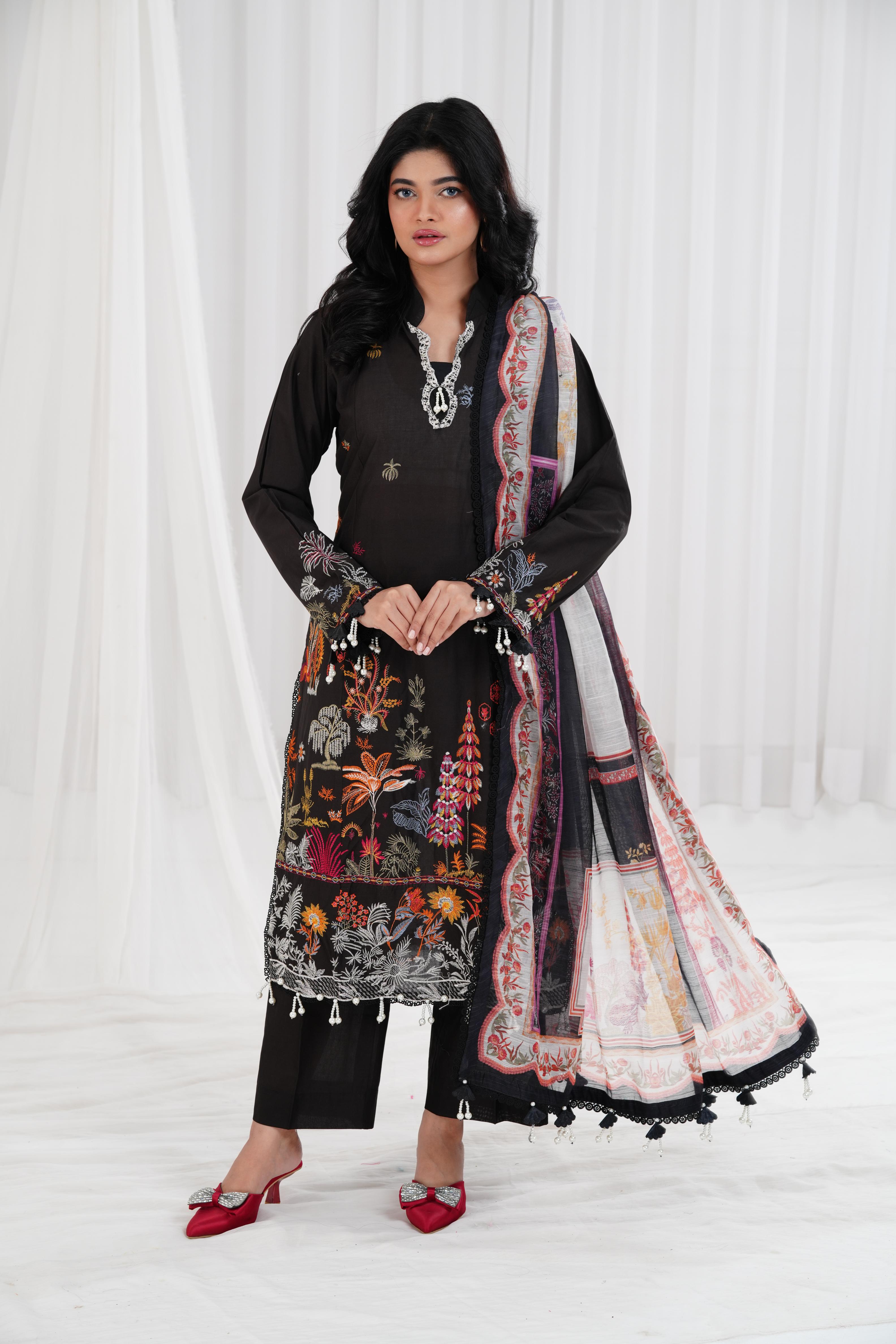 Lawn Black Stitched Suit - Sana Safinaz Muzlin 25' – Janan
