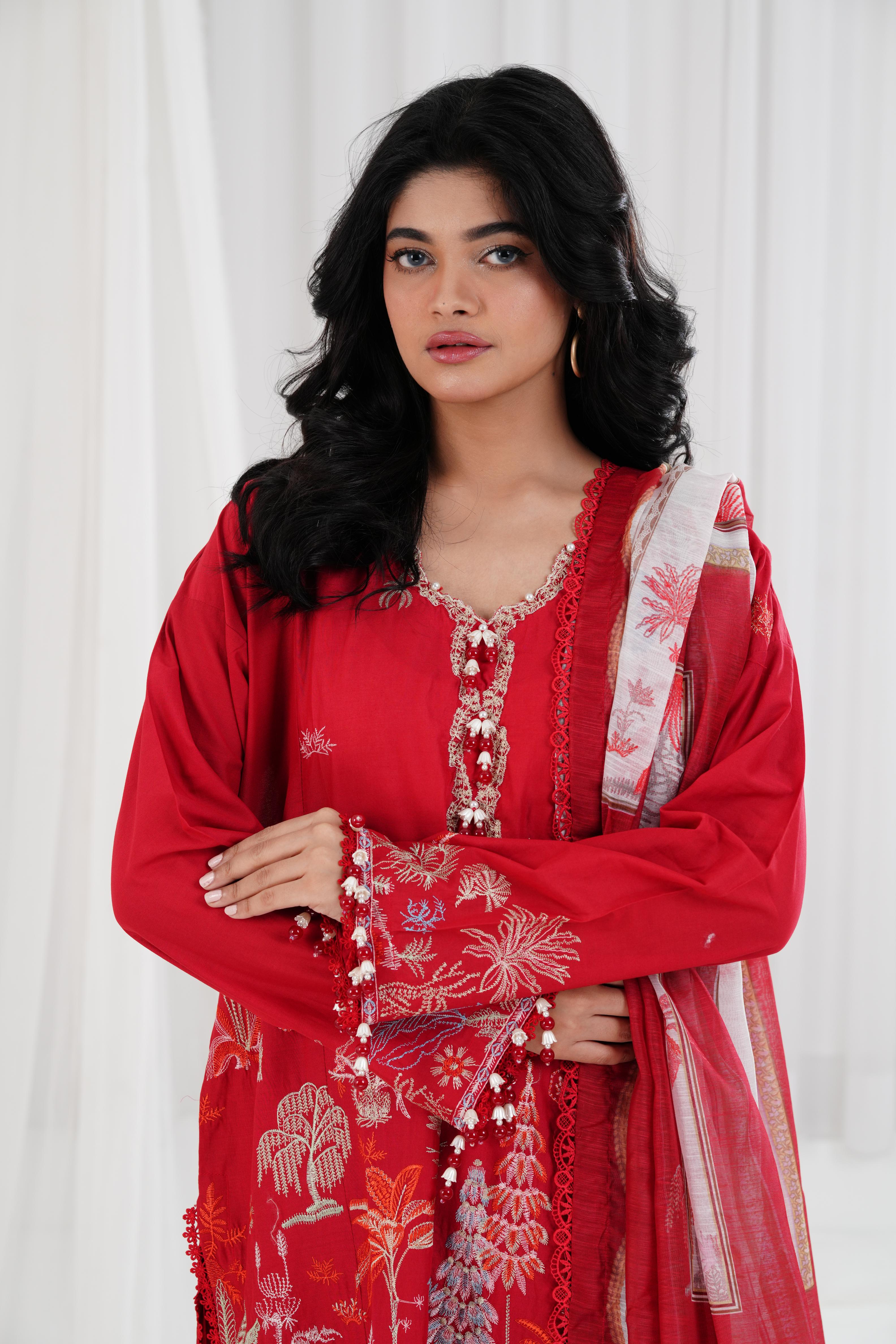 Lawn Red Stitched Suit - Sana Safinaz Muzlin 25' – Janan