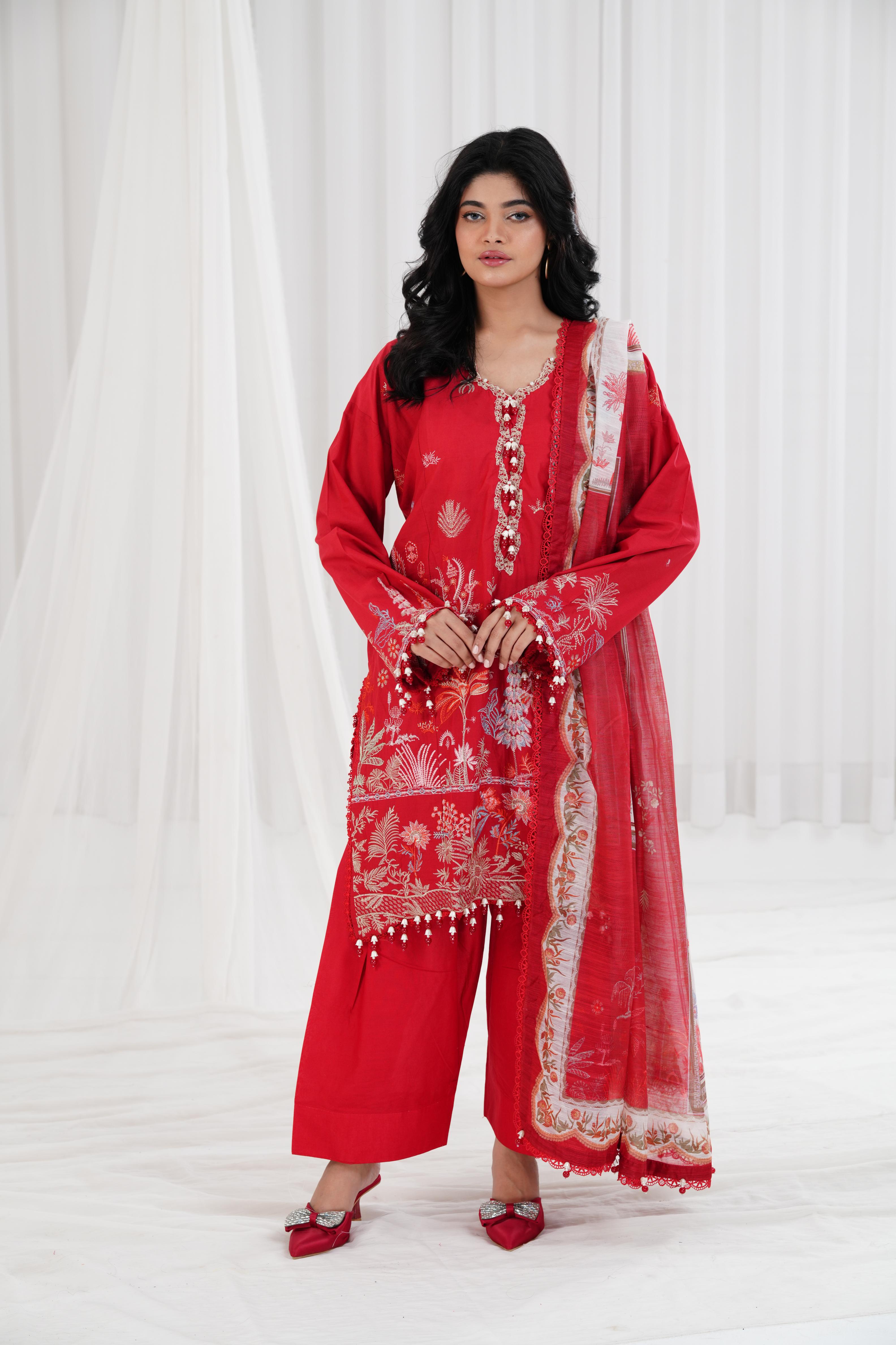 Lawn Red Stitched Suit - Sana Safinaz Muzlin 25' – Janan