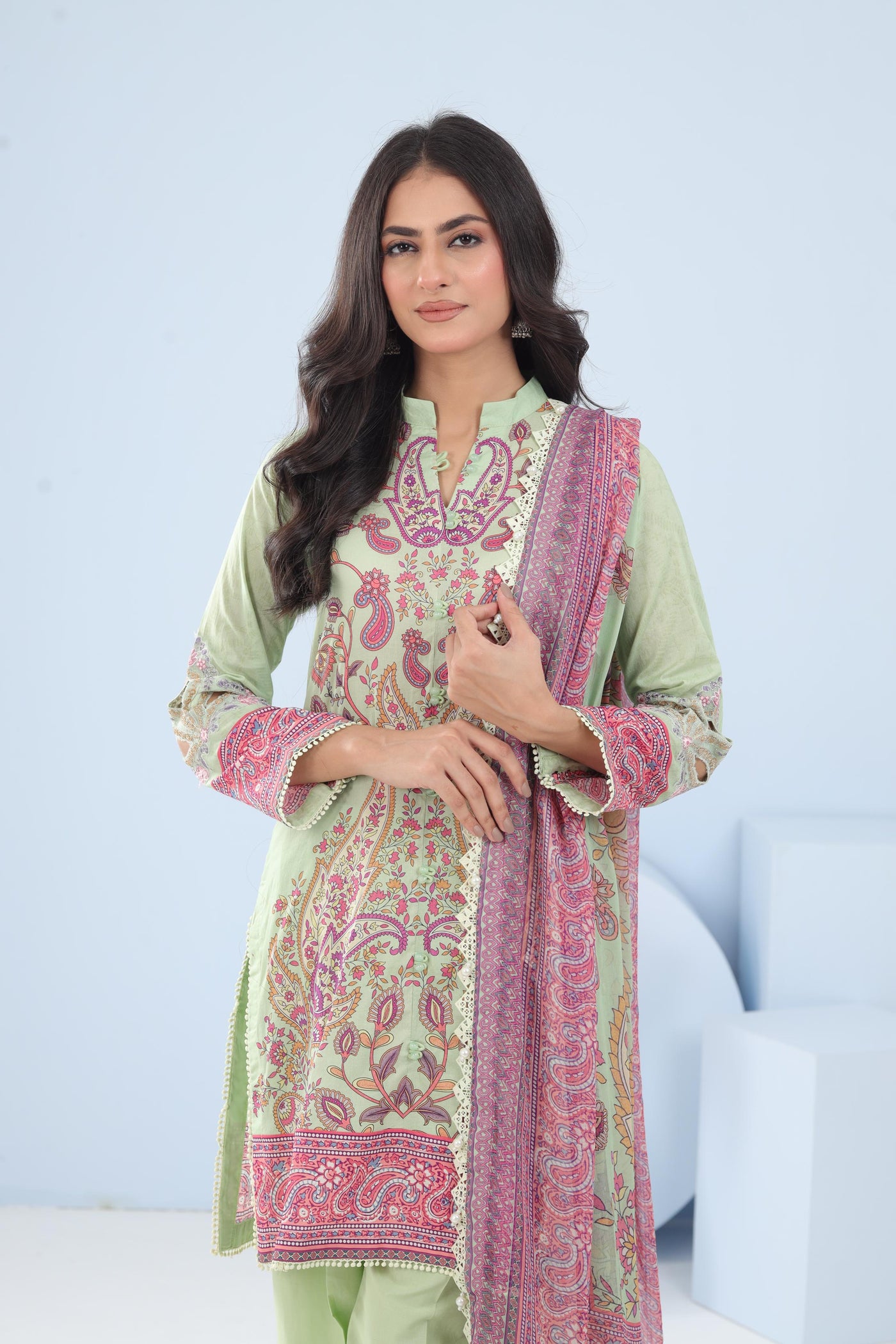 Lawn Light Green Stitched Suit - Maria B M Basics