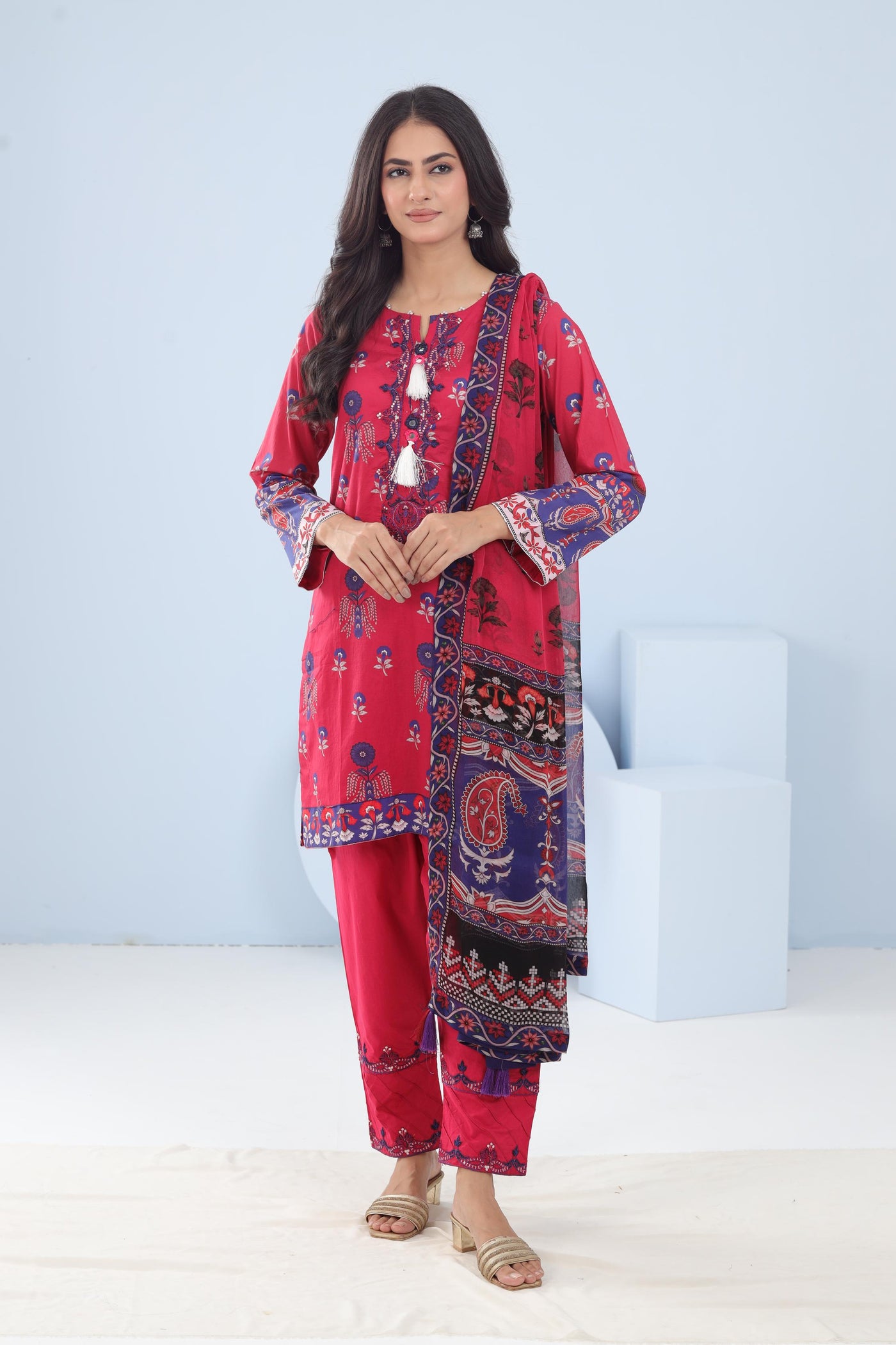 Lawn Maroon Stitched Suit - Maria B M Basics