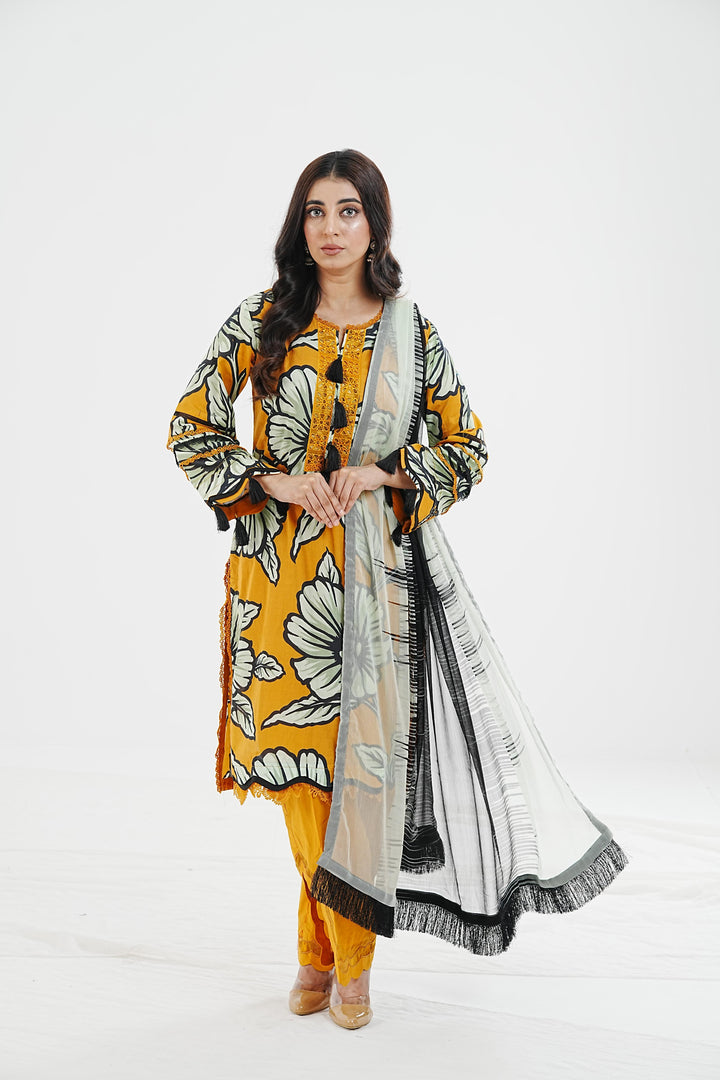 Lawn Mustard Stitched Suit - Maria B Eid Basic