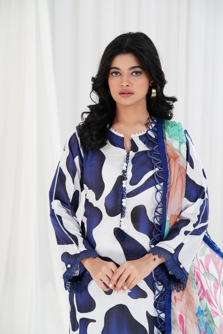 Lawn Navy Blue Stitched Suit - Maria B Eid Basic
