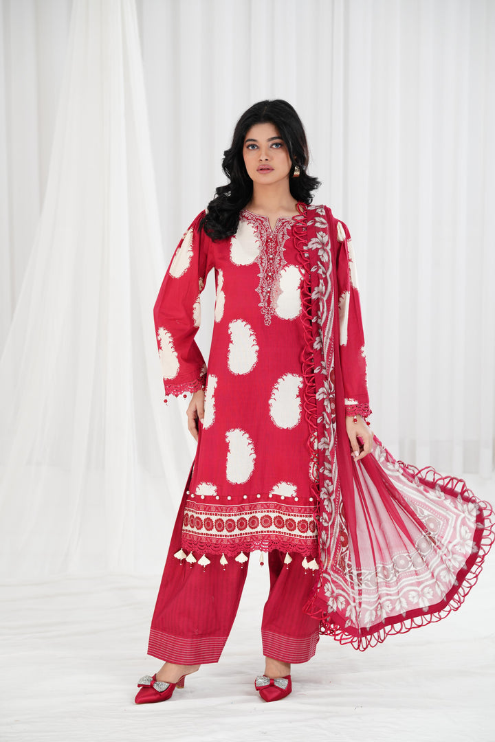 Lawn Maroon Stitched Suit - Maria B Eid Basic