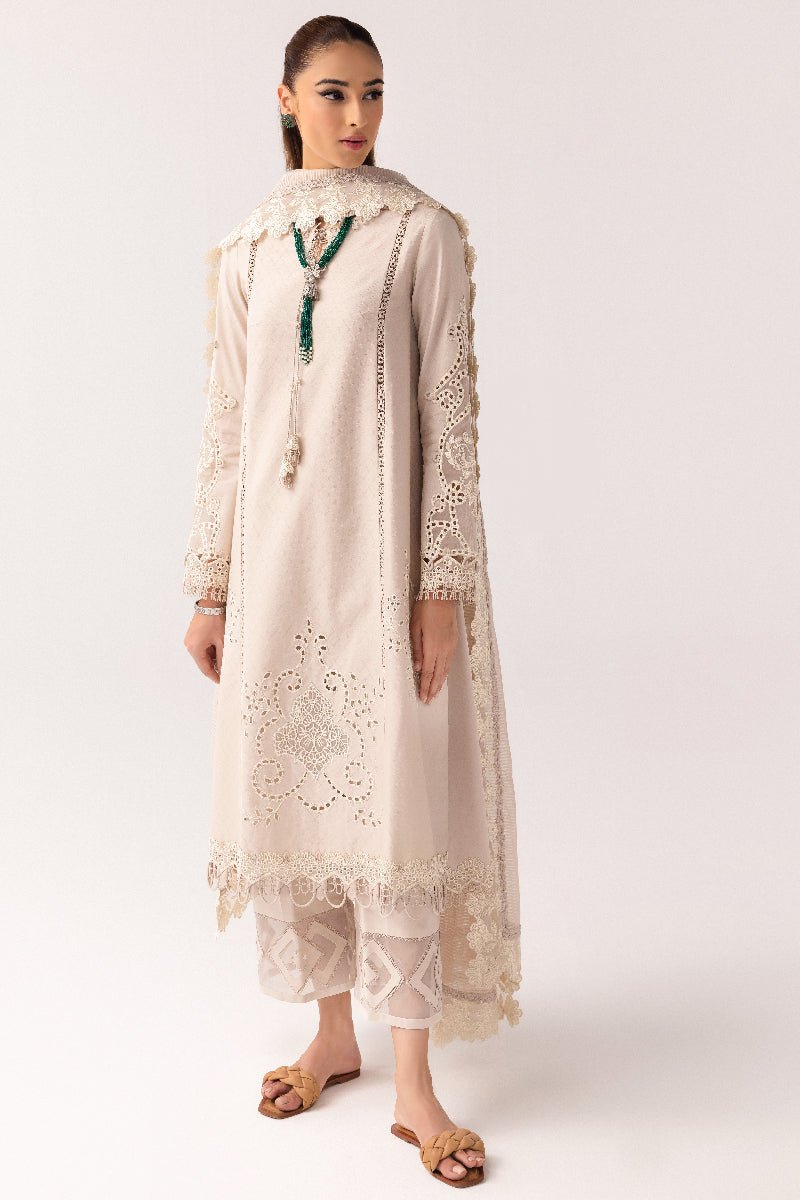 Jacquard Weaved Lawn Beige Stitched Suit - Qalamkar