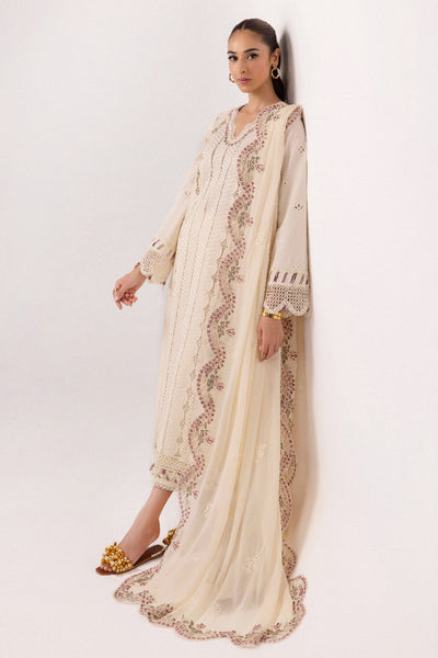 Jacquard Weaved Lawn Off White Stitched Suit - Qalamkar