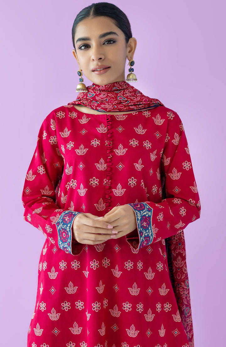 Lawn Red Unstitched Suit - Orient