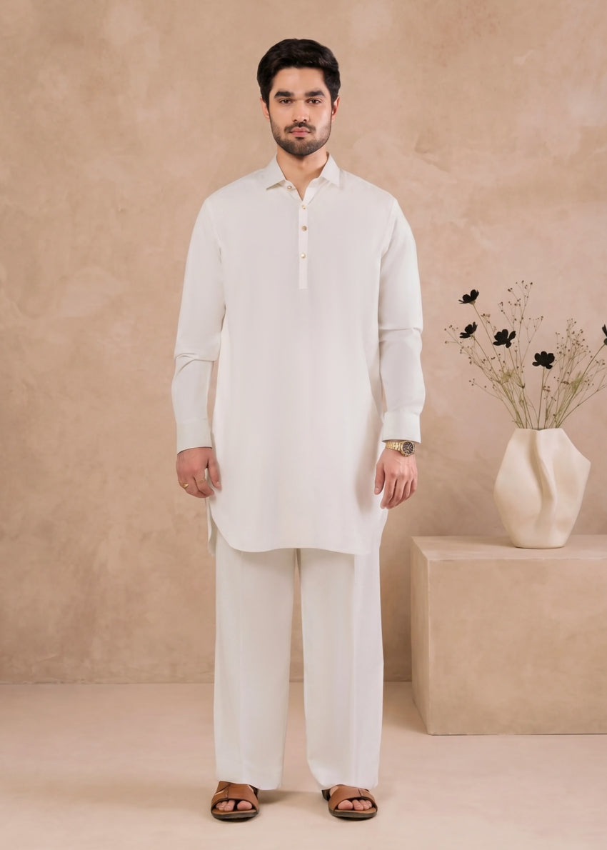 Blended Olive White Kurta Pajama - Bonanza