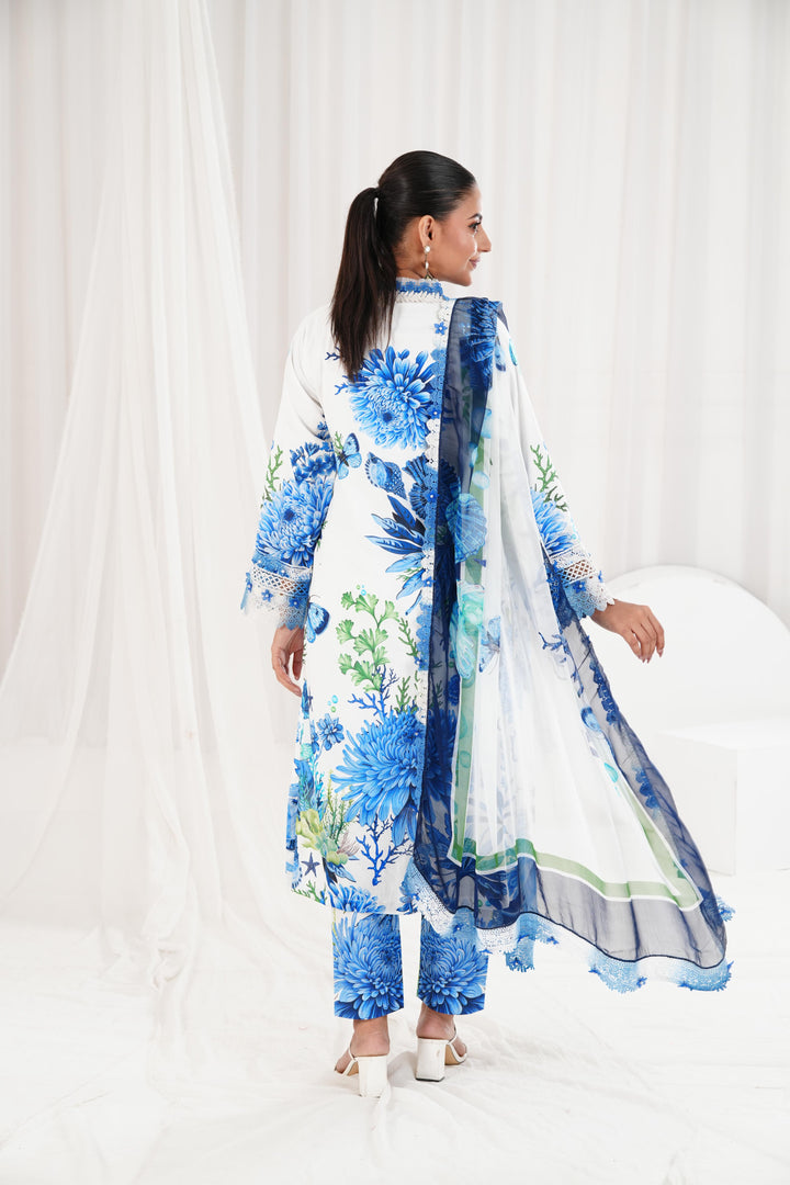 Printed Lawn Blue & White Stitched Suit - Maria B M Prints