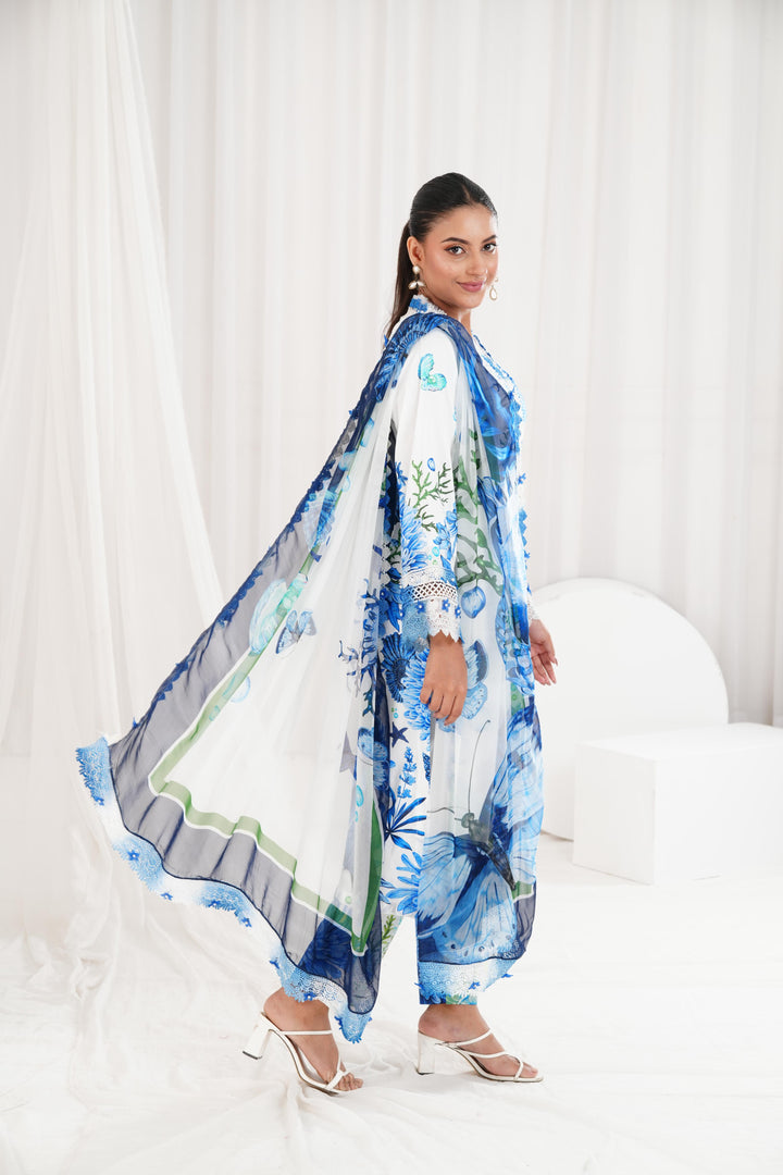 Printed Lawn Blue & White Stitched Suit - Maria B M Prints