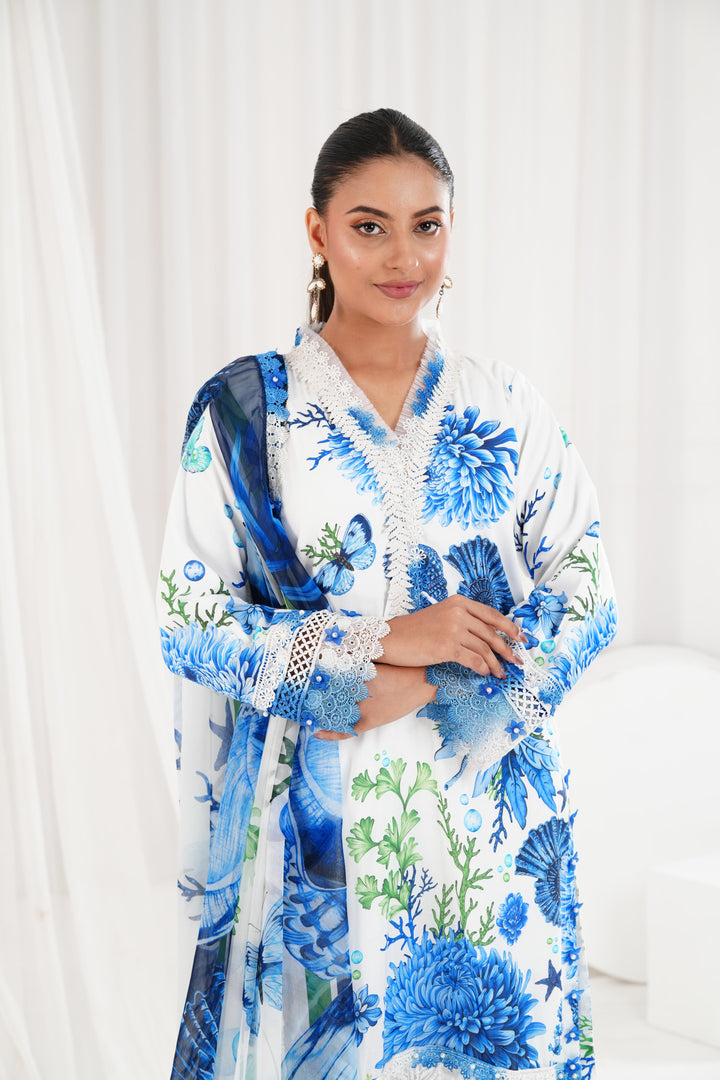 Printed Lawn Blue & White Stitched Suit - Maria B M Prints