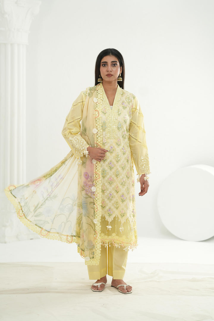 Embroidered Lawn Yellow Stitched Suit - Maria B M Print '26