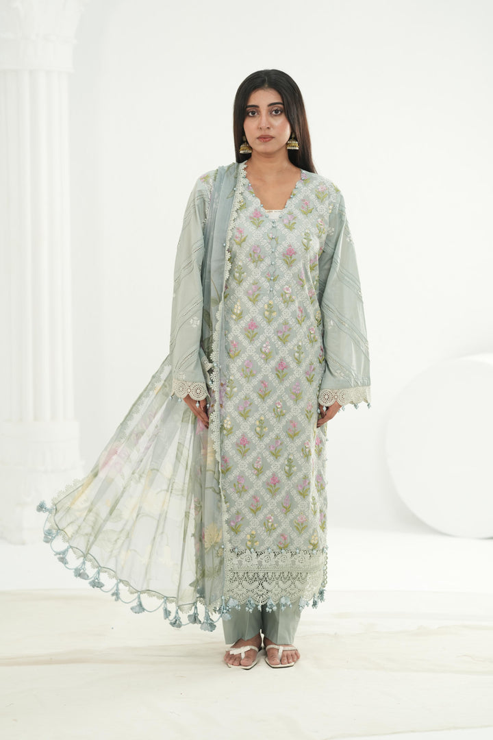 Embroidered Lawn Grey Stitched Suit - Maria B M Print '26