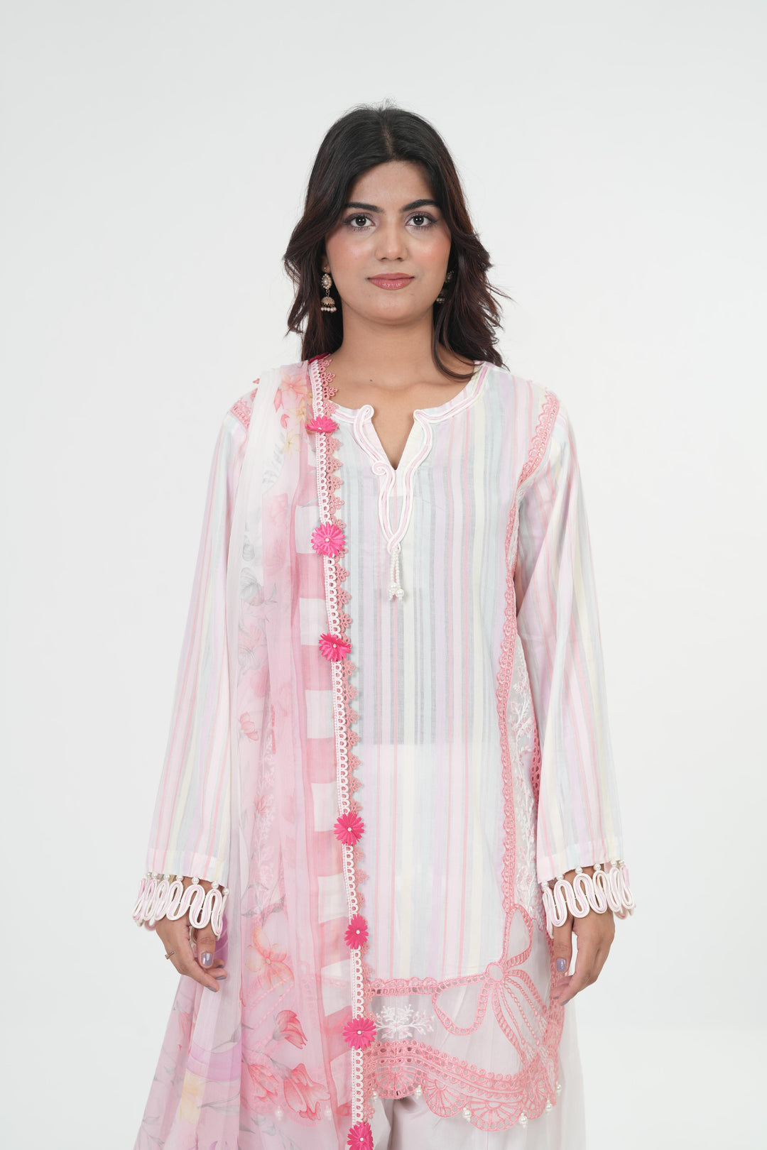 Embroidered Lawn White & Pink Stitched Suit - Maria B M Print '26