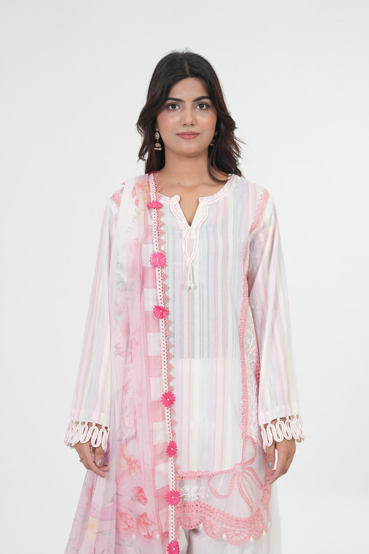 Embroidered Lawn White & Pink Stitched Suit - Maria B M Print '26