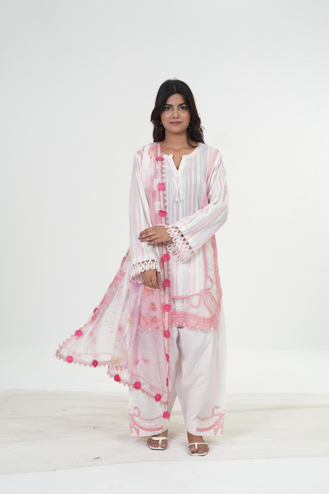 Embroidered Lawn White & Pink Stitched Suit - Maria B M Print '26