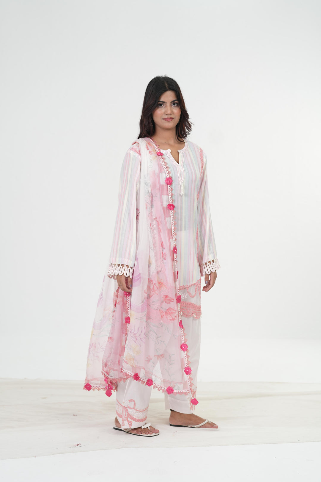 Embroidered Lawn White & Pink Stitched Suit - Maria B M Print '26