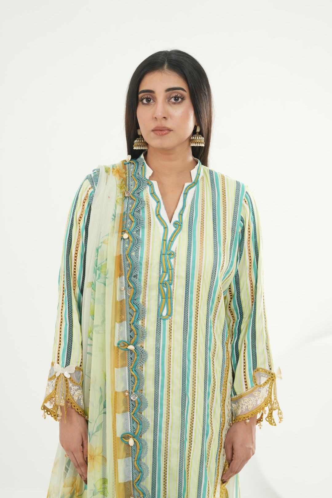 Embroidered Lawn Mustard Green Stitched Suit - Maria B M Print '26