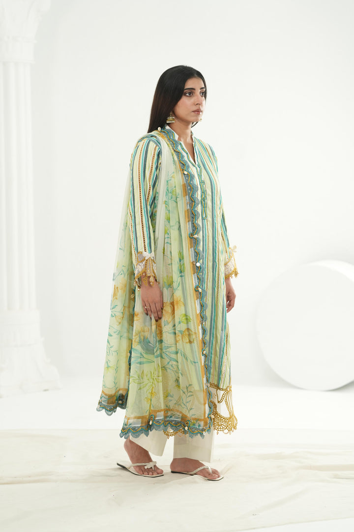 Embroidered Lawn Mustard Green Stitched Suit - Maria B M Print '26