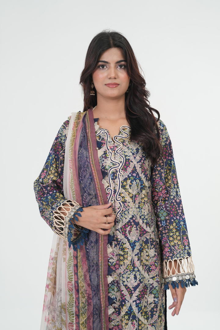 Embroidered Lawn Blue Stitched Suit - Maria B M Print '26