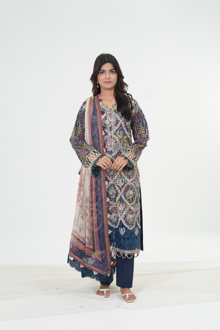 Embroidered Lawn Blue Stitched Suit - Maria B M Print '26
