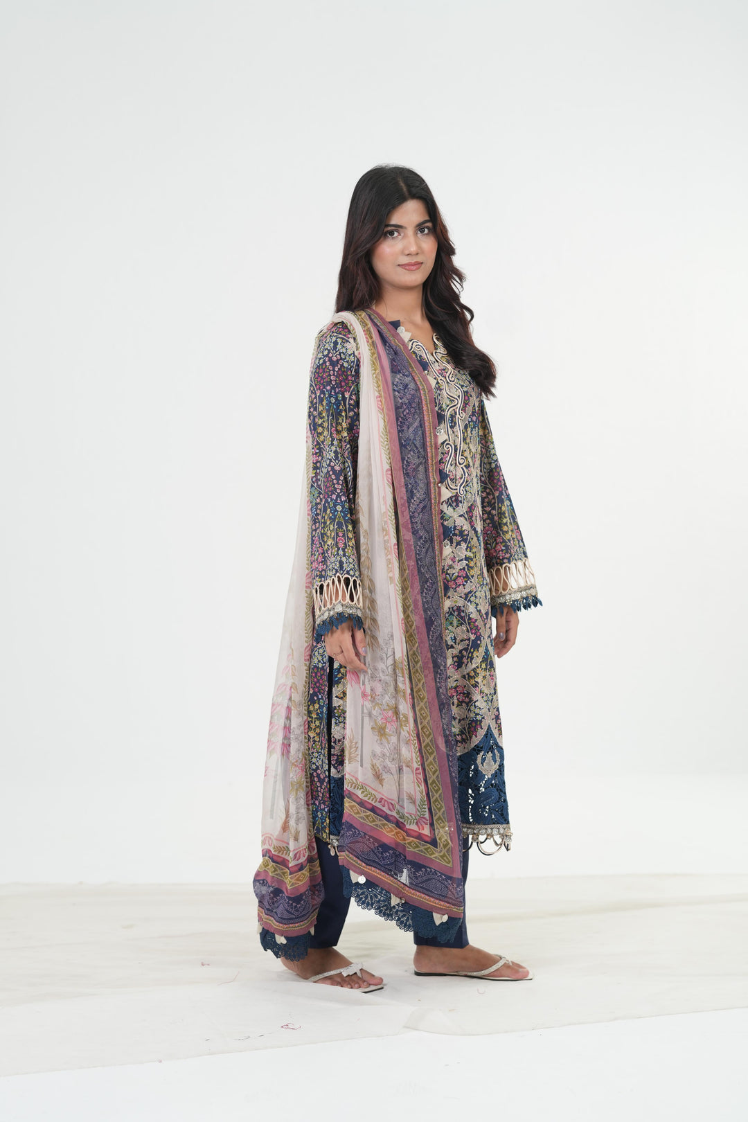 Embroidered Lawn Blue Stitched Suit - Maria B M Print '26