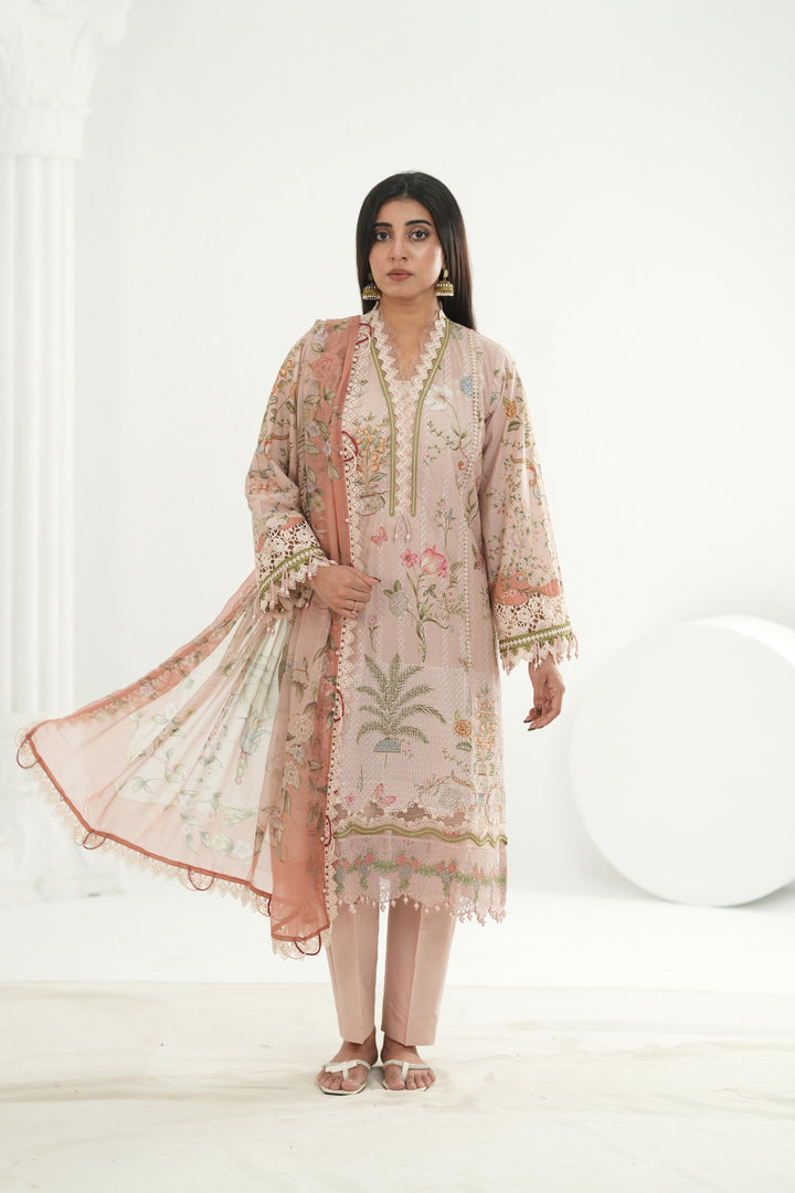 Embroidered Lawn Pink Stitched Suit - Maria B M Print '26