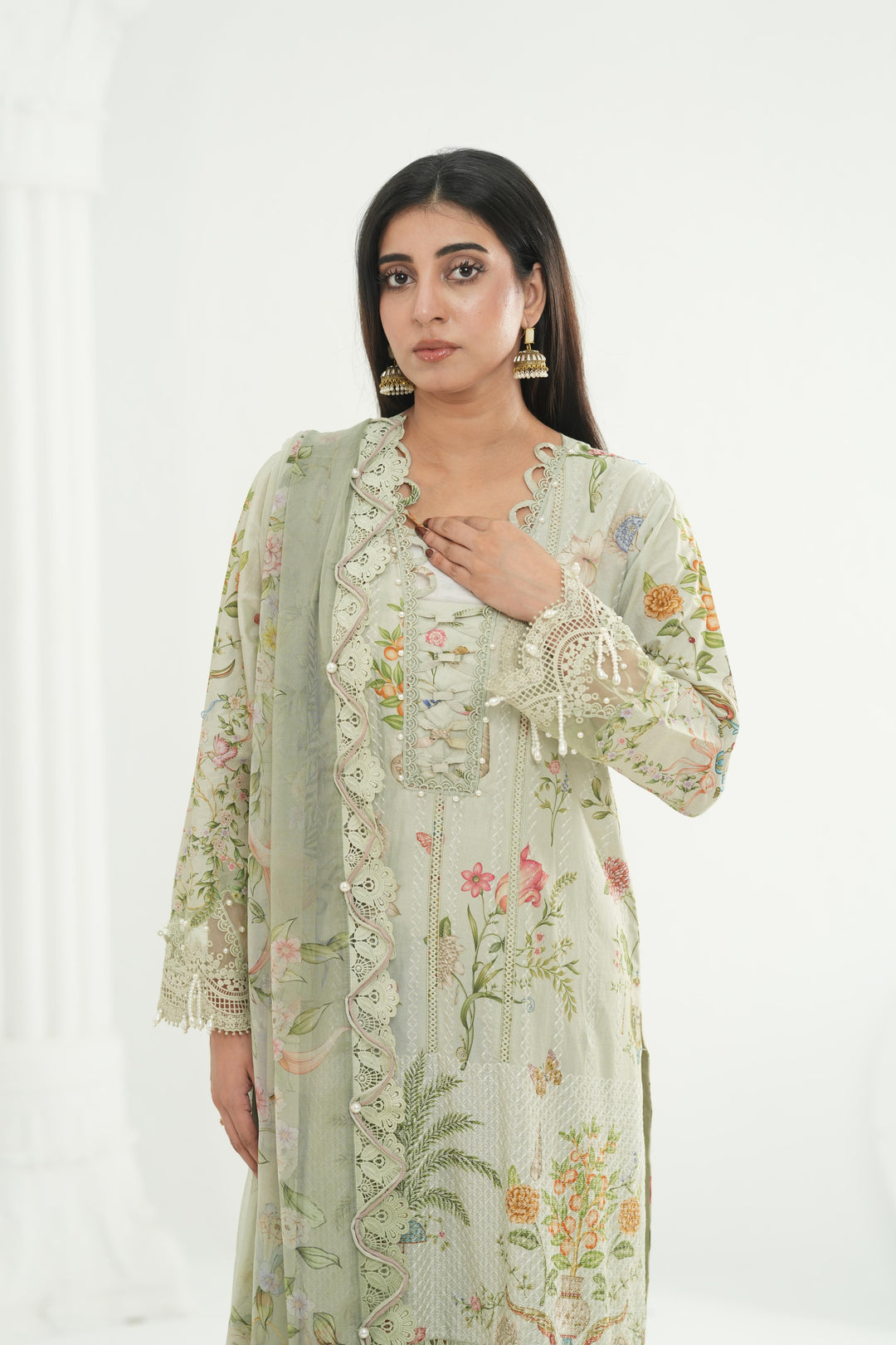 Embroidered Lawn Green Stitched Suit - Maria B M Print '26